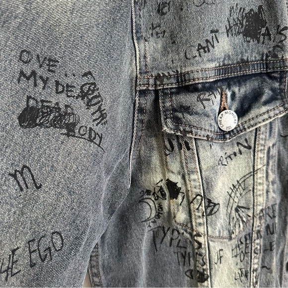 Cheap Monday Staple Denim Jacket Psyched SZ Medium Blue Graffiti Hand Print - Picture 4 of 10